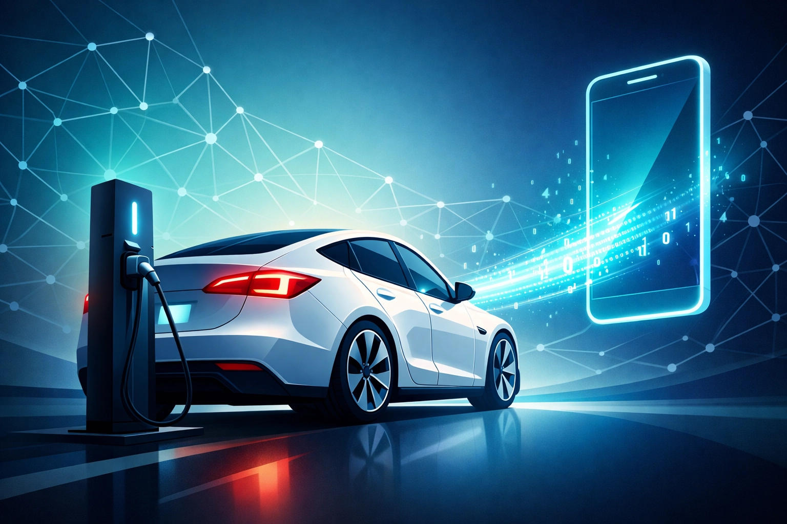 Abstract vector of an EV charging station representing digital payment ecosystems and loyalty rewards.
