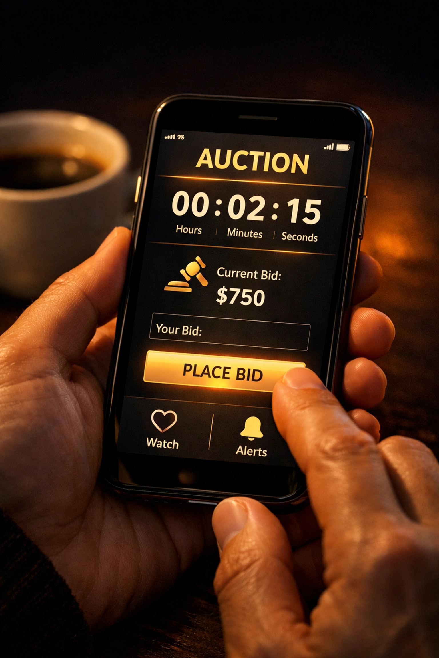 Mobile bidding on smartphone during evening online estate auction in Columbus Ohio