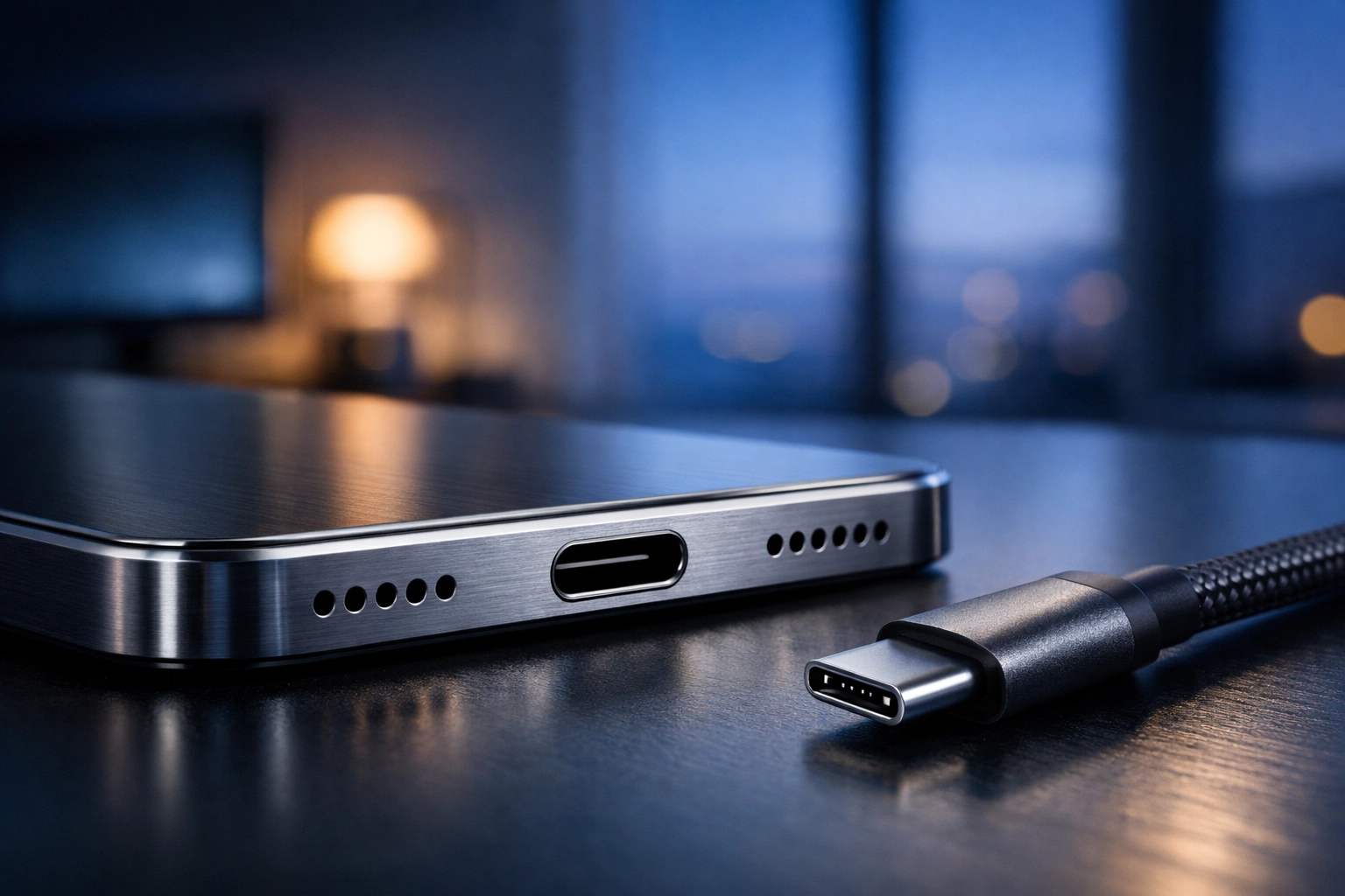 Detailed view of the iPhone 17 Pro Max USB-C port and titanium frame for fast charging.
