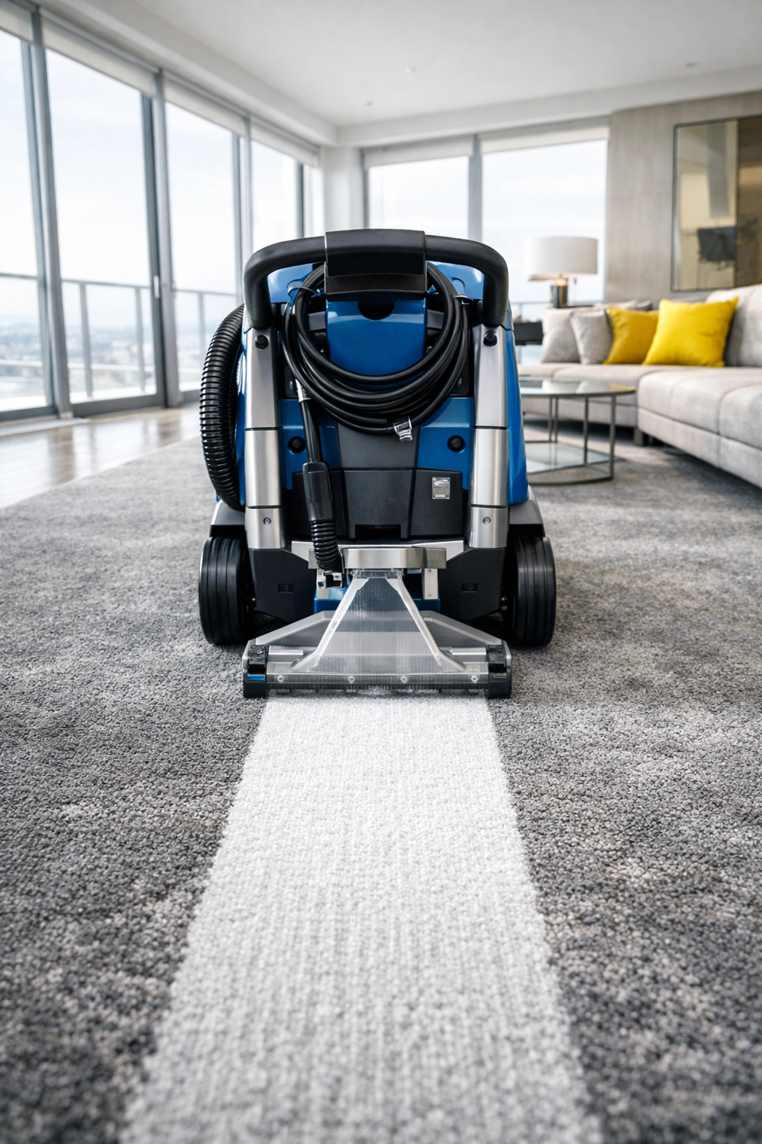 A professional carpet extraction machine deep cleaning a grey rug in a modern living room.