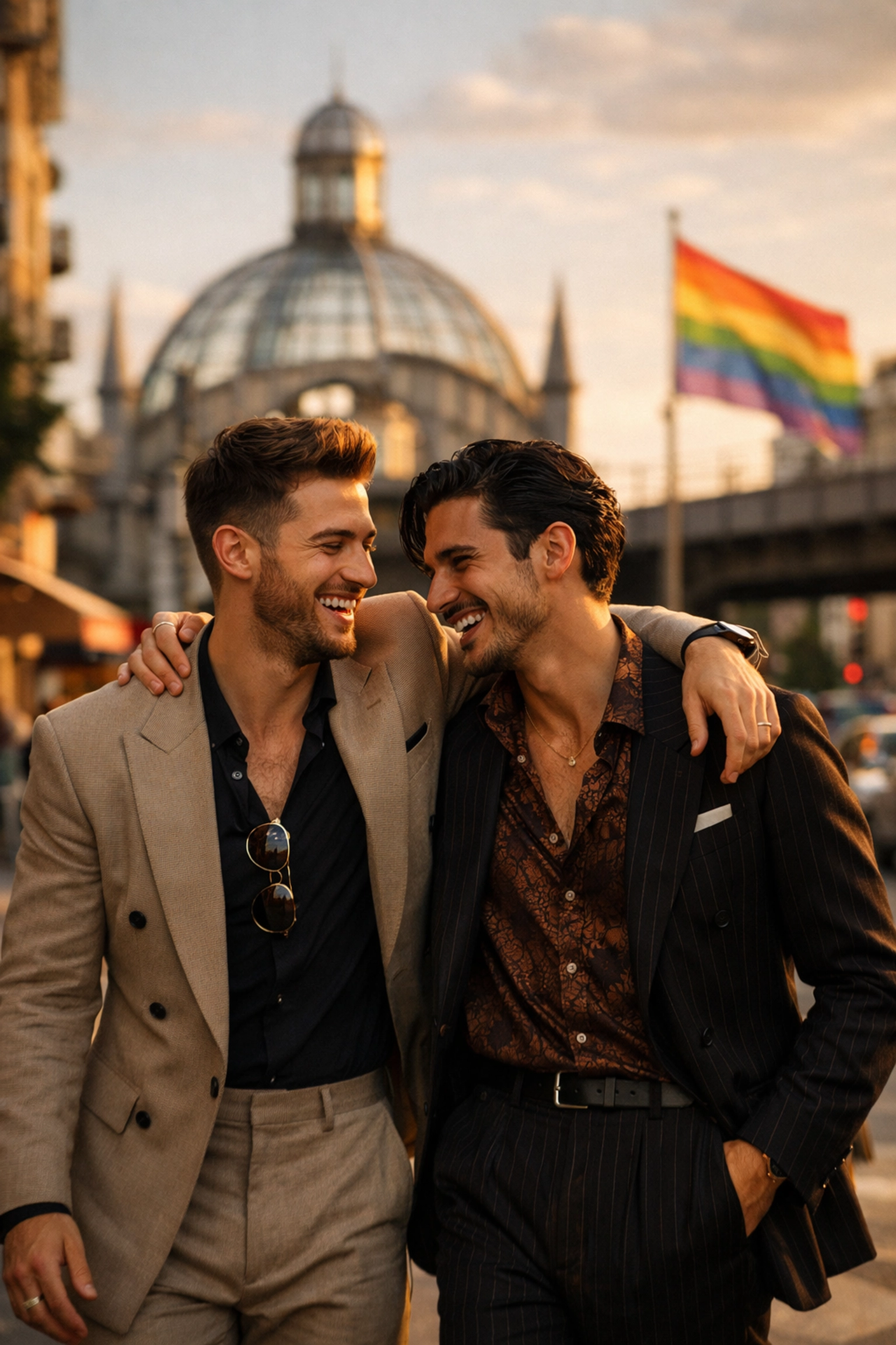 Two gay men sharing a laugh in Schöneberg, Berlin, inspired by historical MM romance novels.