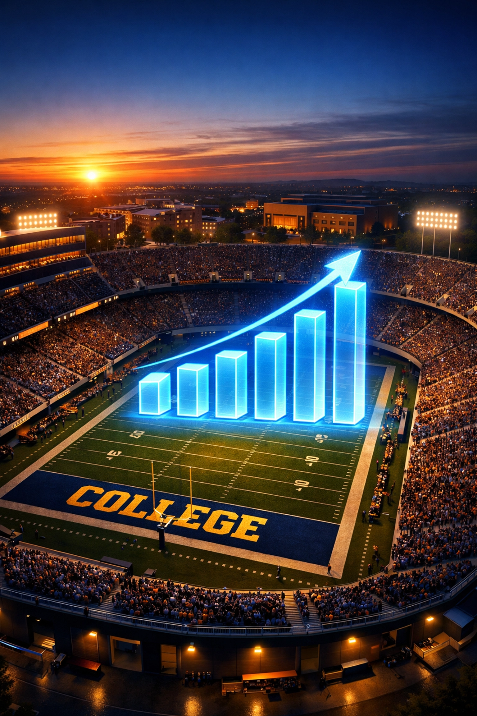 Holographic growth chart over a college football stadium representing school revenue sharing funds.