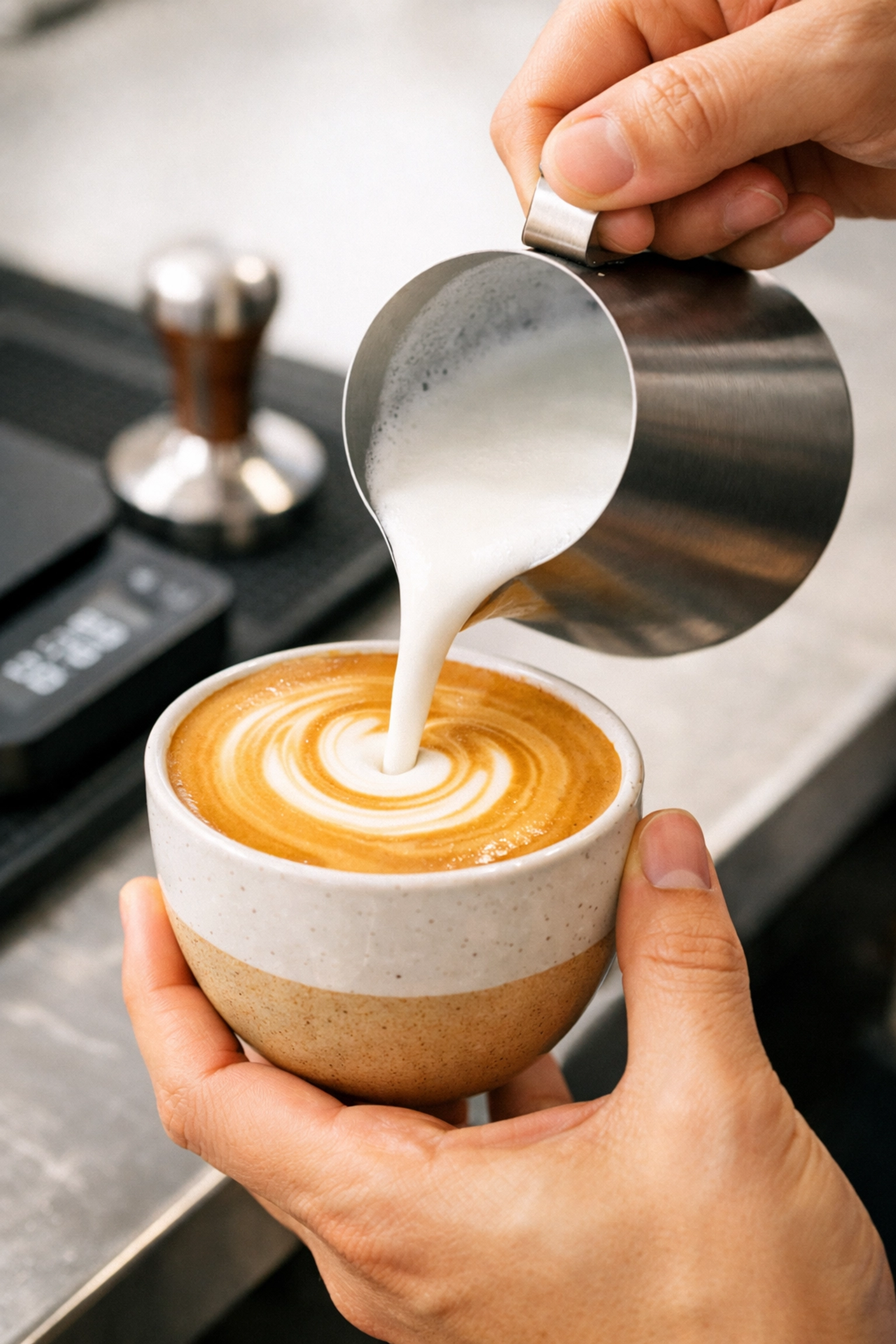 Barista pouring silky latte art with professional tools to start up a coffee shop successfully.