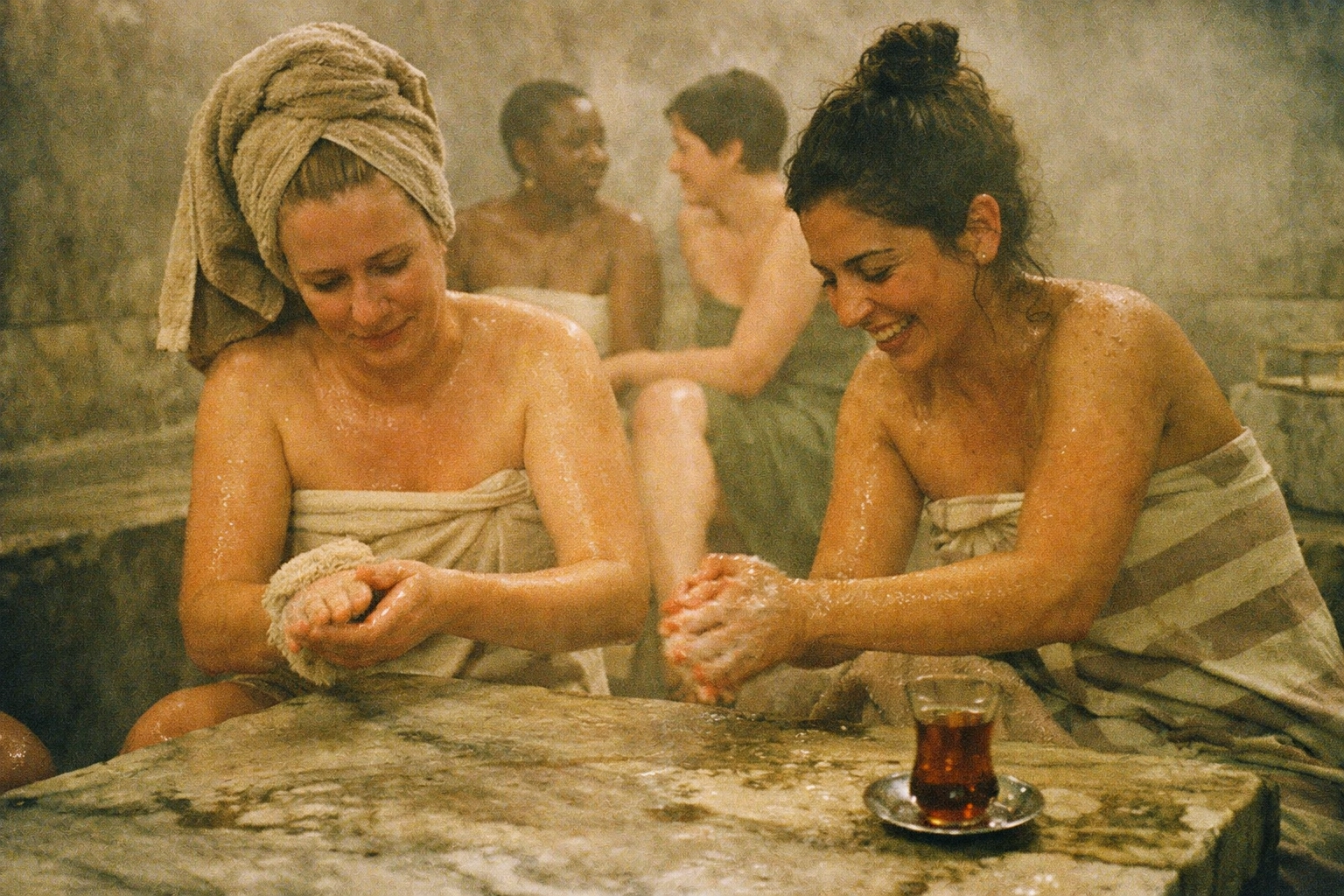 A diverse group of women and femme-presenting people in a steamy stone hamam, wrapped in towels, candid and raw, shot in grainy analogue color.