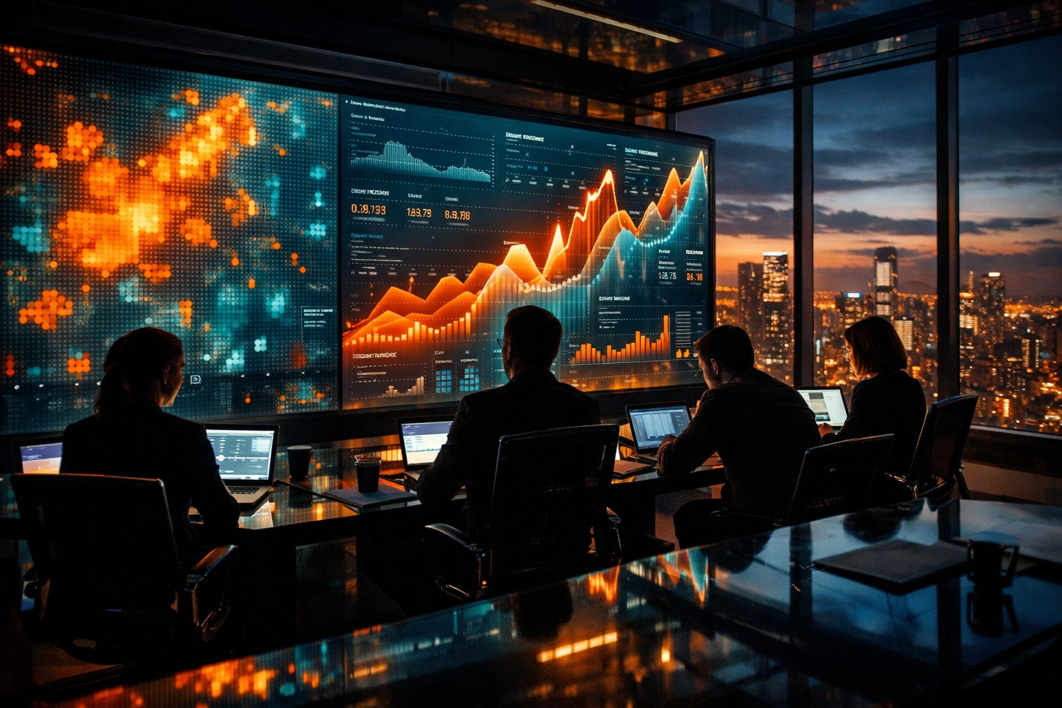 Marketing team in a digital command center analyzing sports media ROI and real-time fan sentiment data.