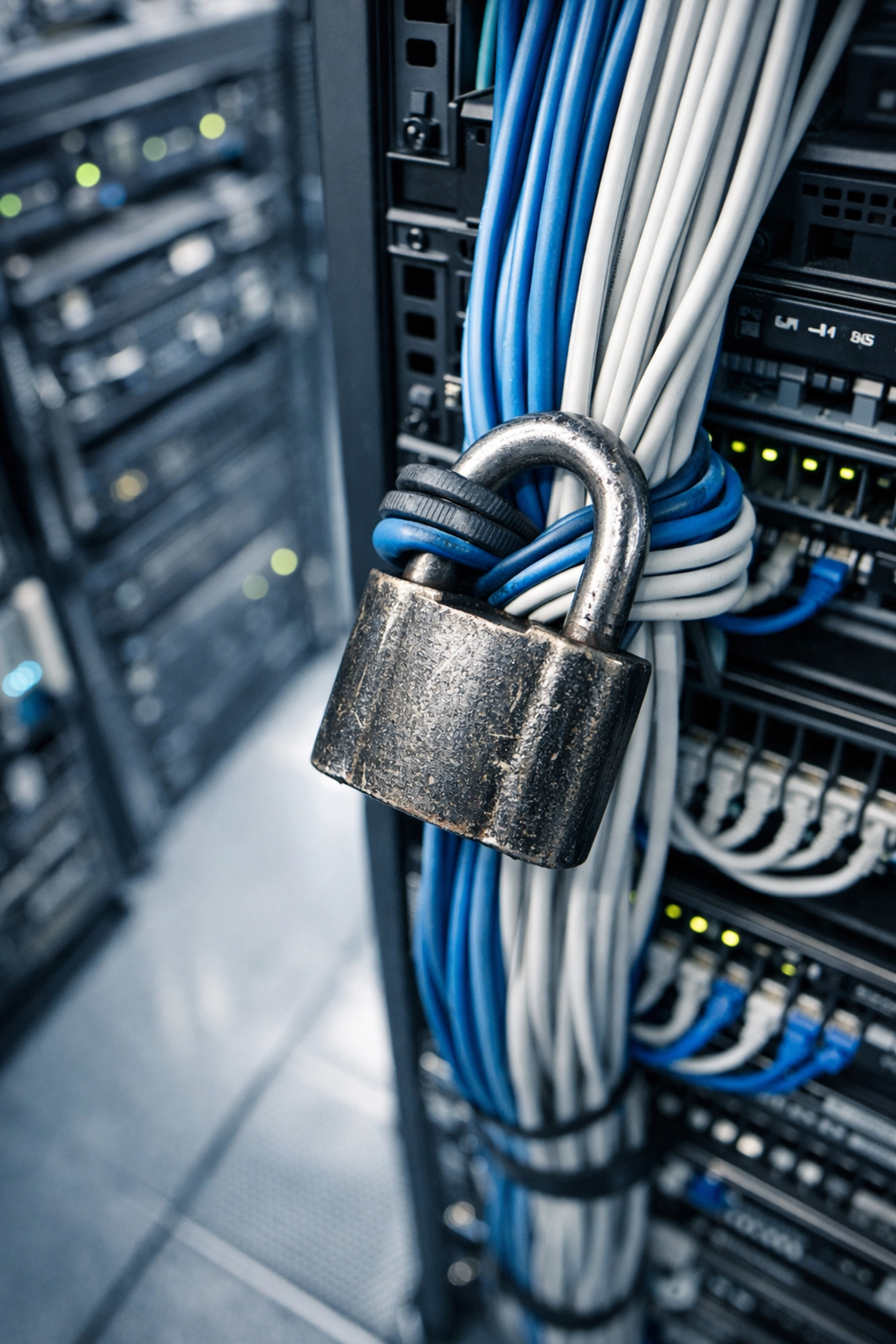 Padlock on hospital server cables symbolizing EHR vendor lock-in and restricted patient data access.