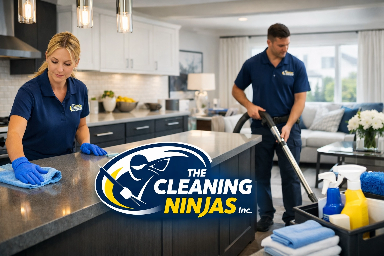 Professional cleaner performing MetroWest apartment cleaning in a bright, modern living room in Lincoln. A professional cleaner from The Cleaning Ninjas Inc performing MetroWest apartment cleaning in a bright living room