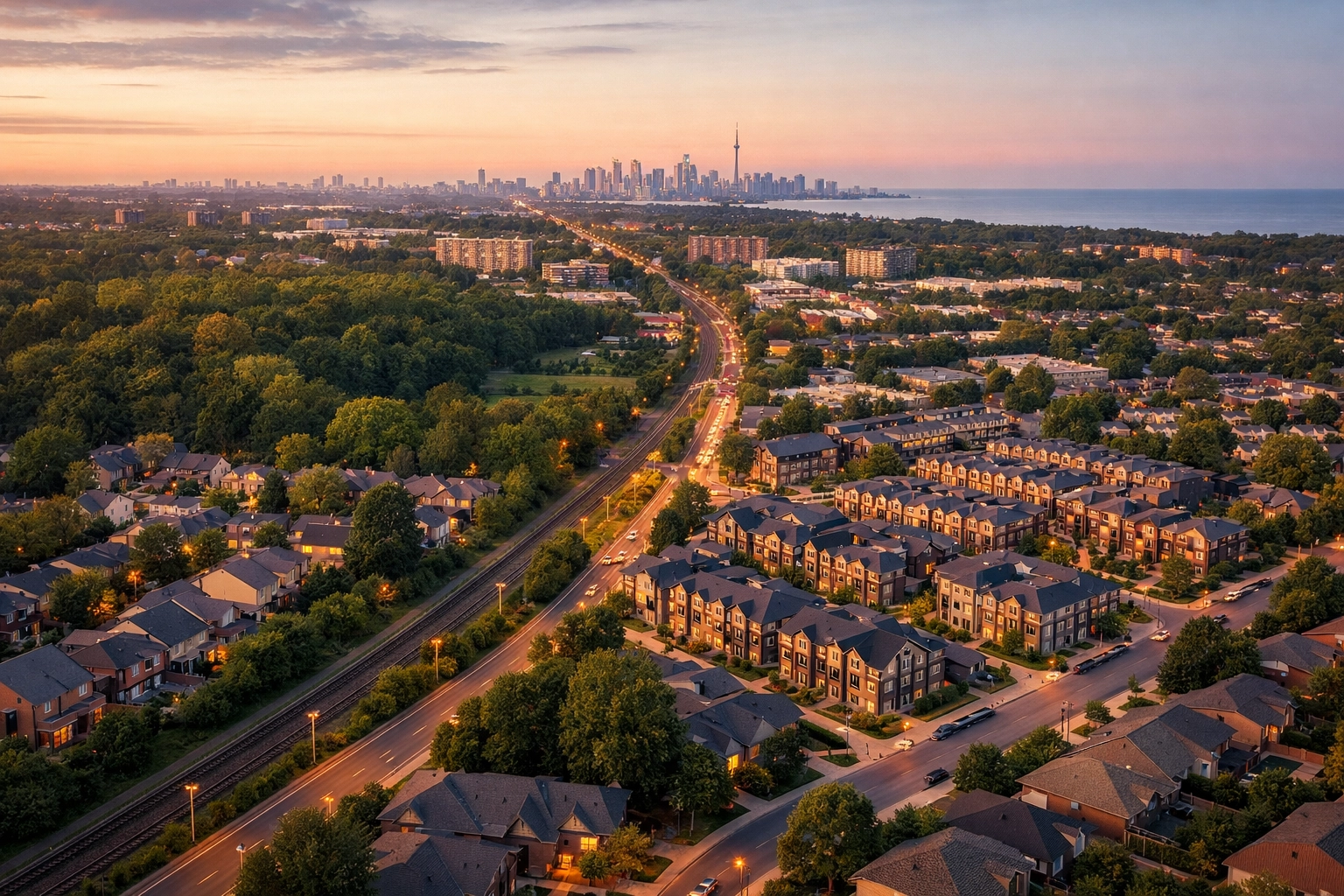 Aerial view of Scarborough neighborhoods with Toronto skyline and transit corridors