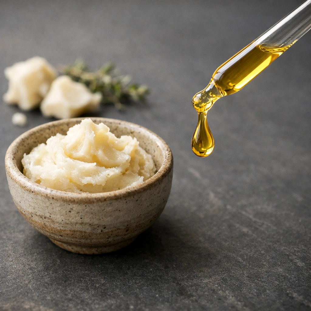 Natural tallow and a pipette of golden beard oil highlighting high-quality beard care ingredients and viscosity.