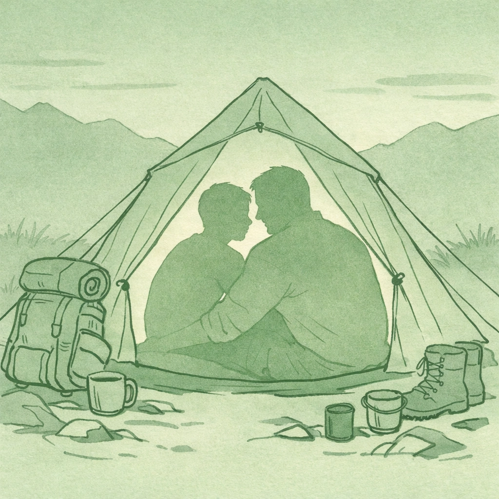Mountain tent intimacy between younger adventurer and experienced guide in outdoor MM fiction