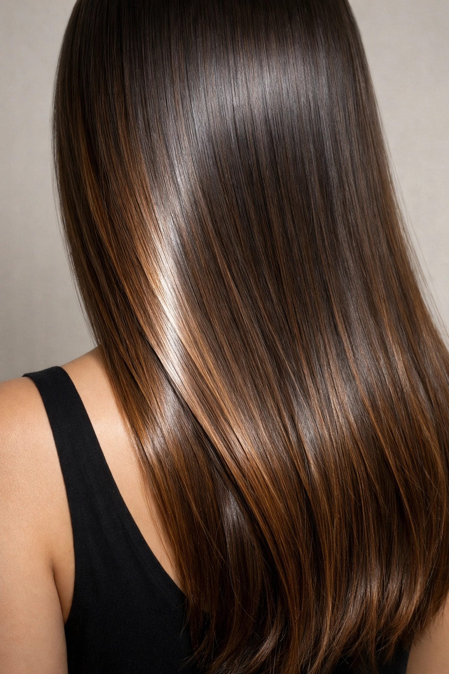 Healthy brunette hair with a glossy glass hair finish and dimensional caramel highlights.