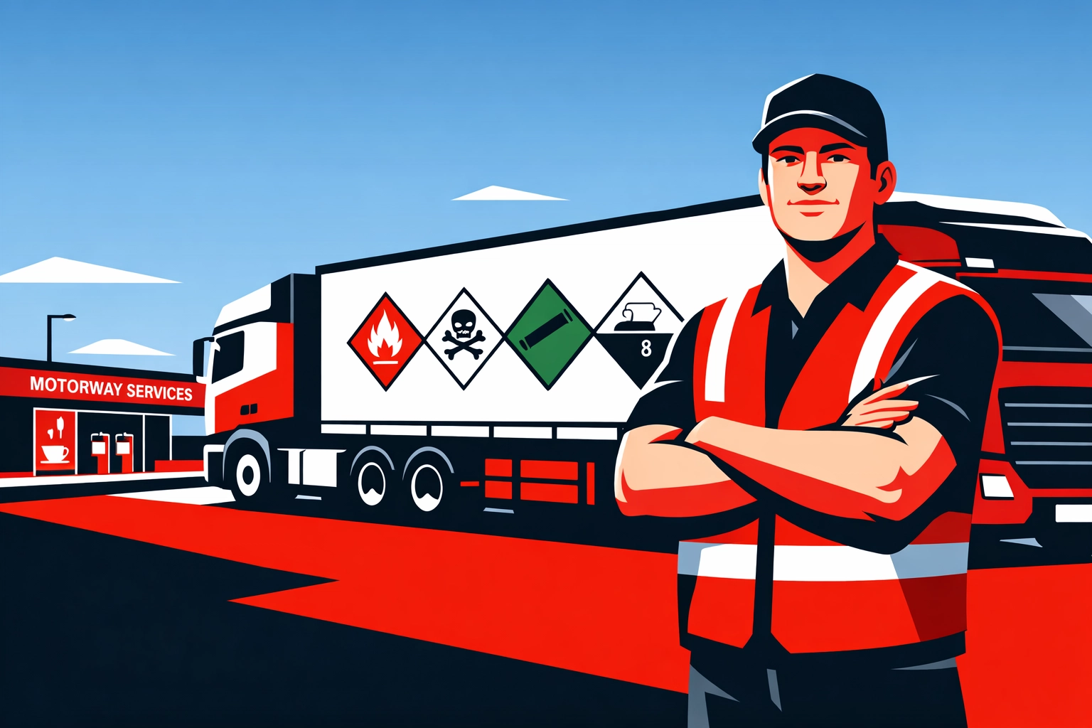 Professional ADR driver with HGV truck displaying dangerous goods hazard warning diamonds