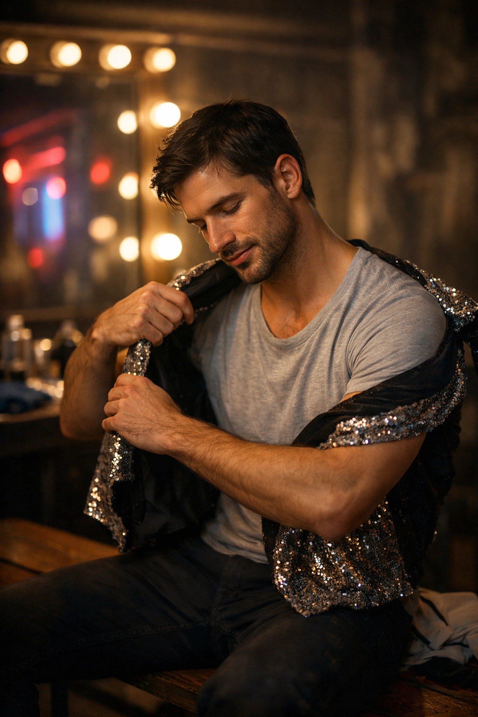 A tired MM romance protagonist removes his stage costume in a quiet dressing room after a shift.