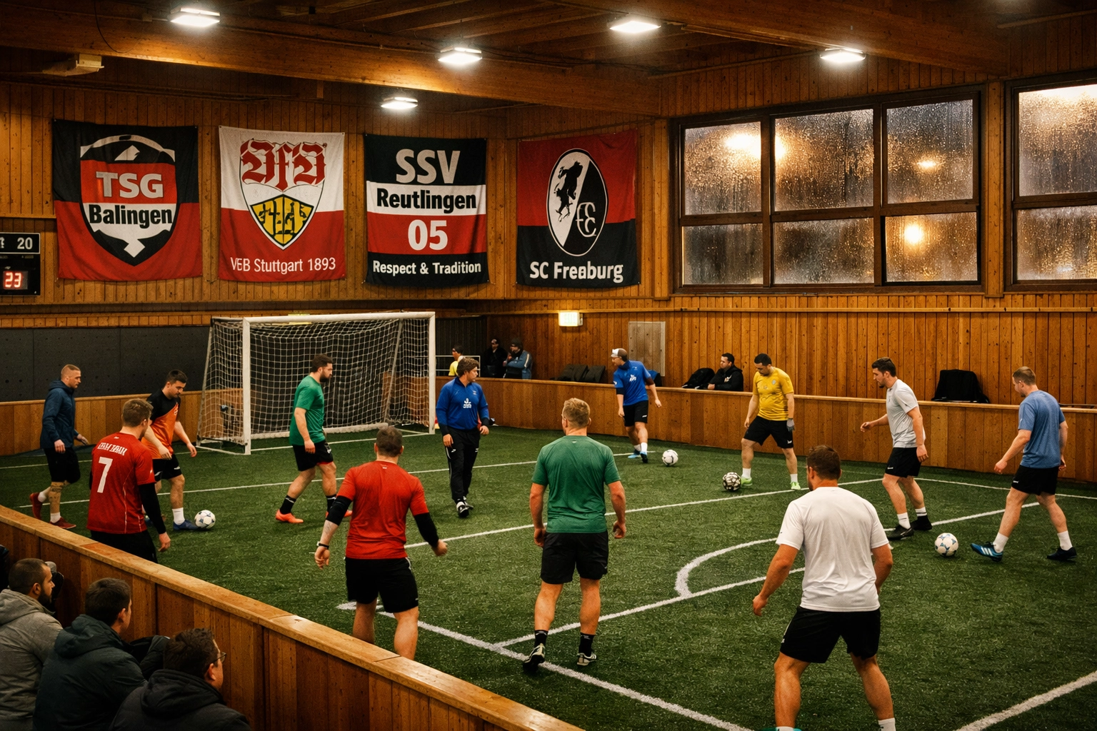 Indoor football tournament in Baden-Württemberg with grassroots teams warming up