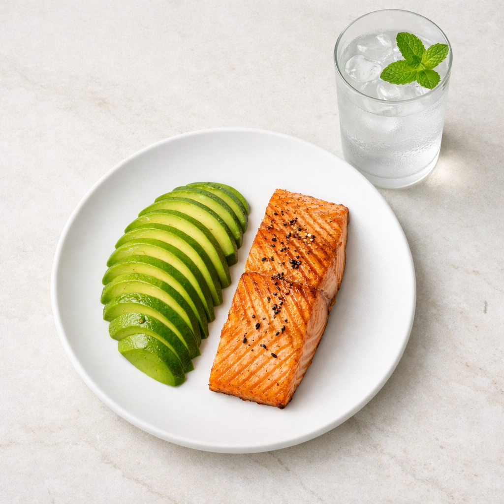 Healthy high-protein meal with salmon and avocado to optimize weight loss peptide research results.