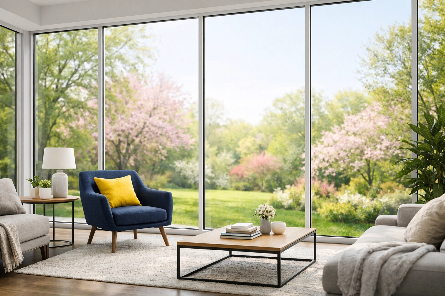 Sun-drenched living room with crystal clear windows showing a professional streak-free finish.