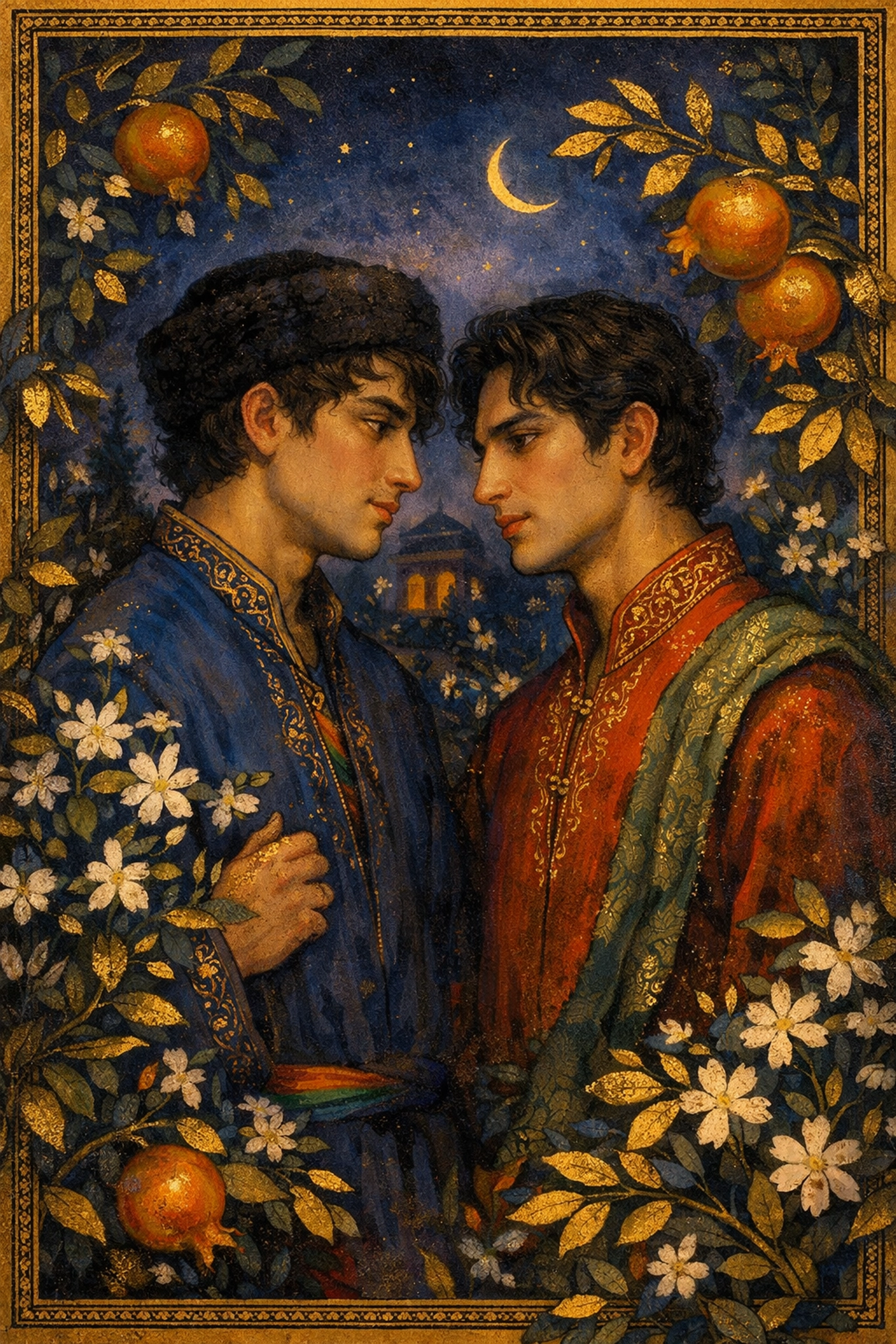 Persian style illustration of two men in a garden reflecting historical queer longing and connection.