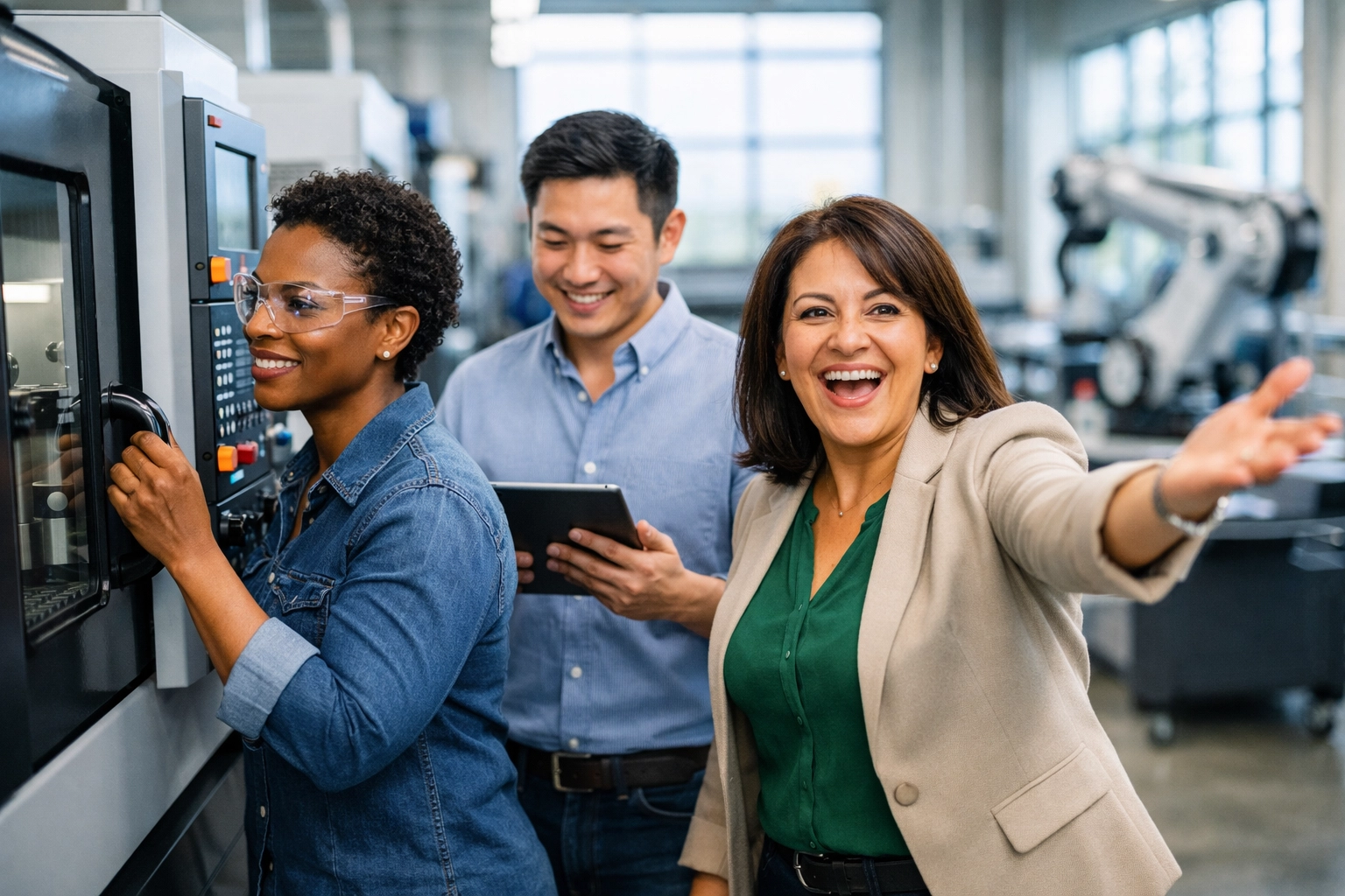 Business owners examining new manufacturing equipment eligible for Section 179 tax deductions