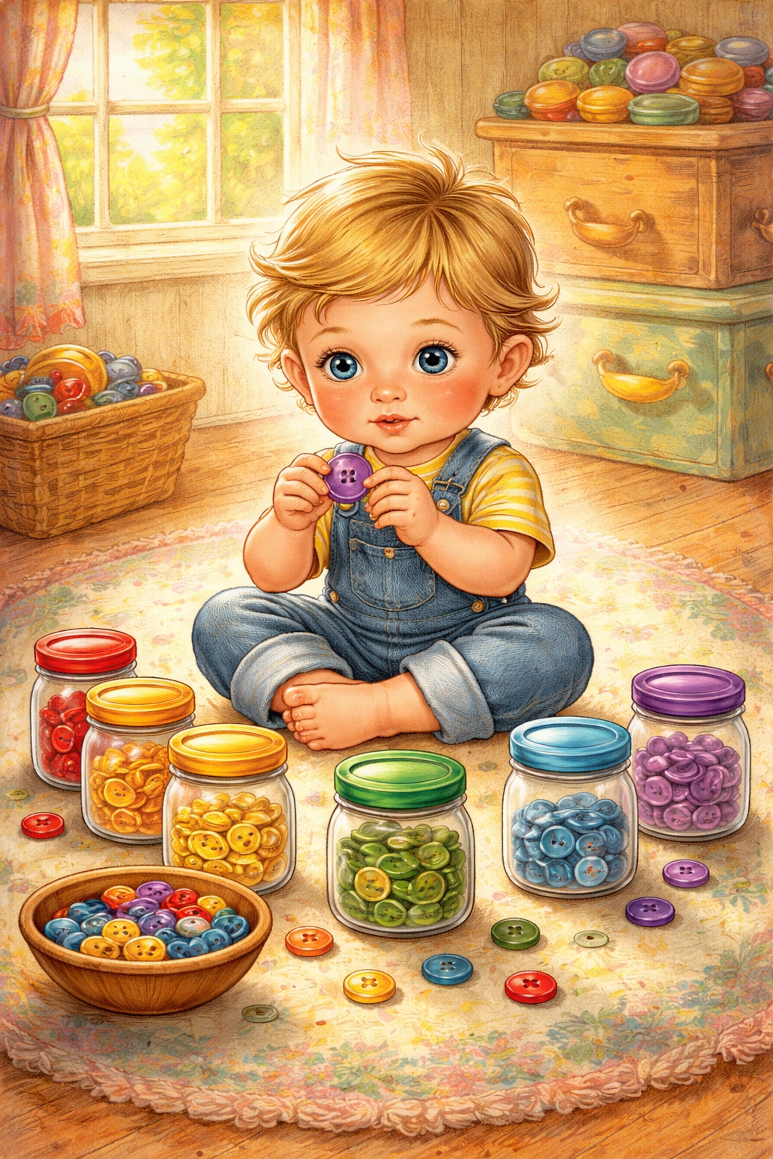 Child sitting cross-legged on the floor, deciding which sorting jar to place a colorful button in, demonstrating hands-on learning.