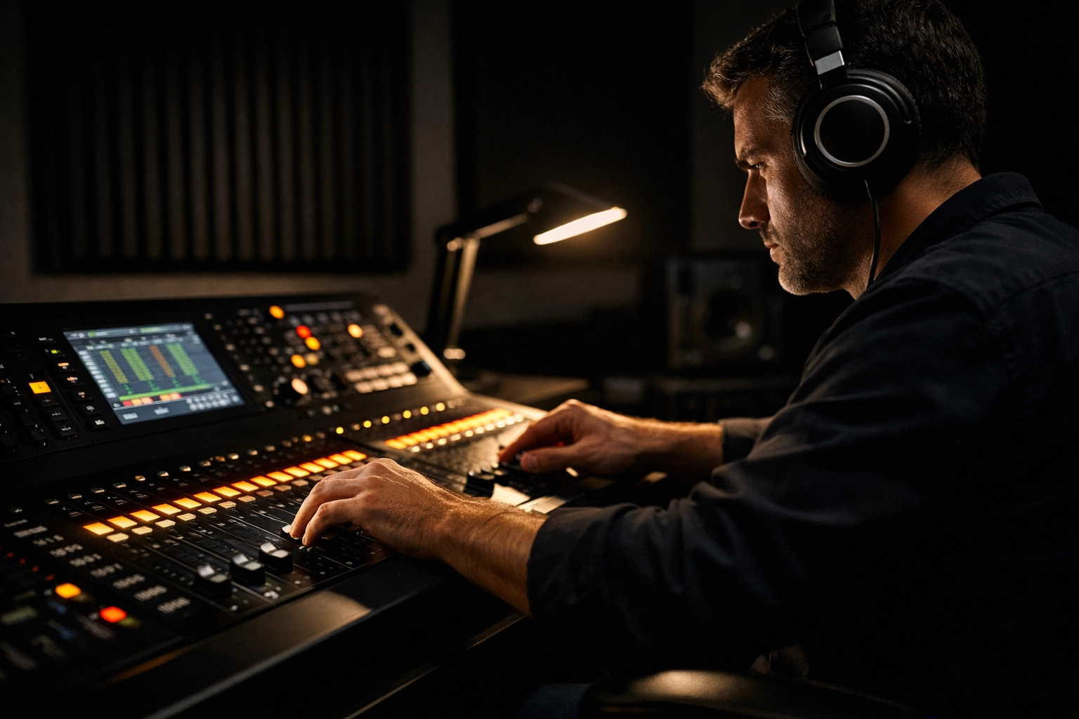 AV technician using a digital mixing console and headphones for a dedicated church broadcast mix.