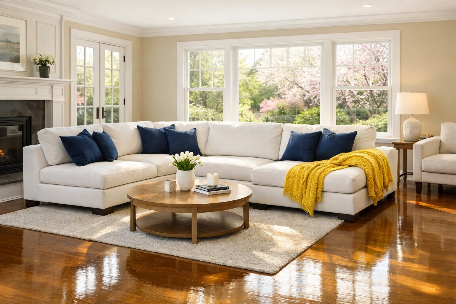 Clean and serene living room in a Natick home with polished hardwood floors.