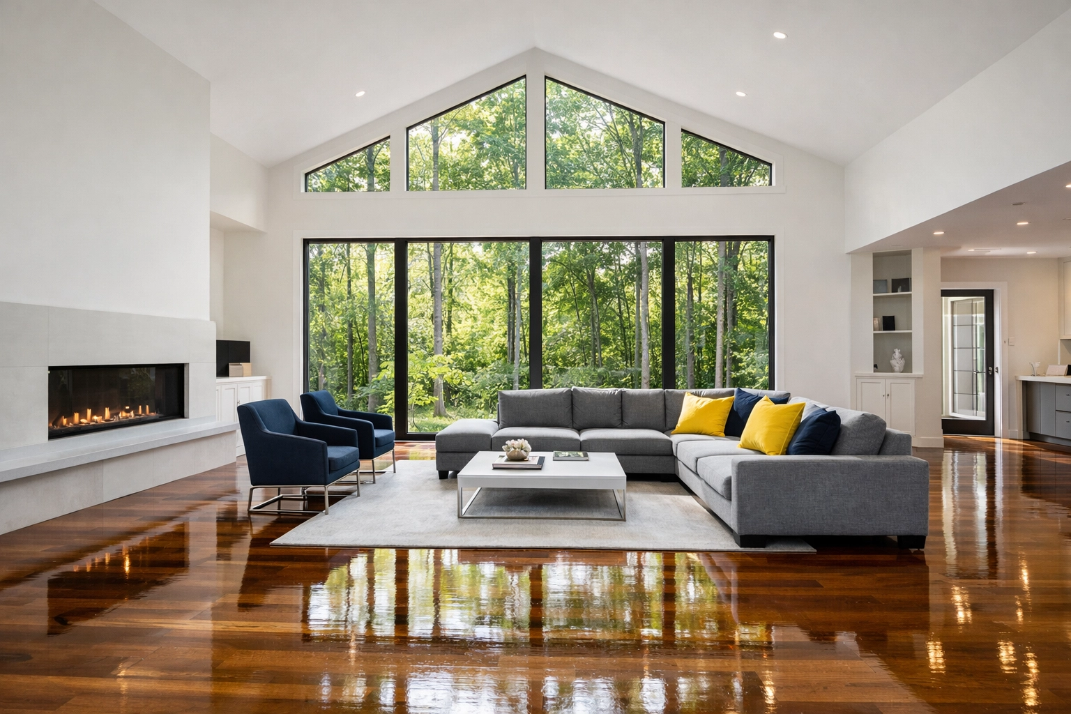 Modern Lincoln living room with polished hardwood floors after professional post construction cleaning Lincoln.