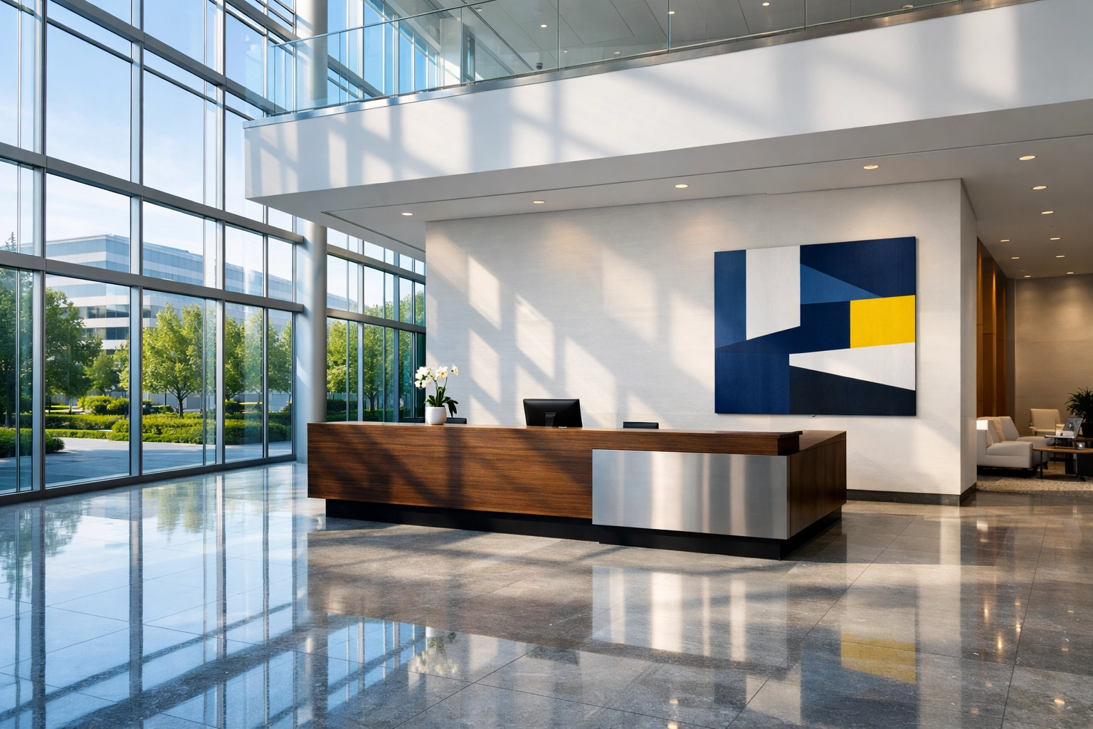 Impeccably clean corporate lobby in Burlington, MA, showcasing professional commercial cleaning standards.