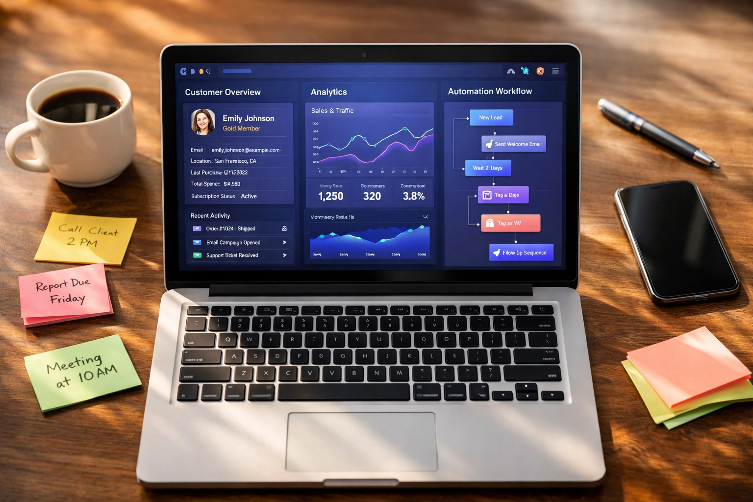 Unified business dashboard showing customer data and automation workflows in single interface