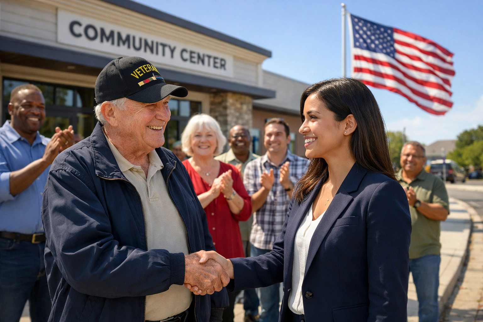 Community members celebrating local veteran progress outside a sunlit building with an American flag.