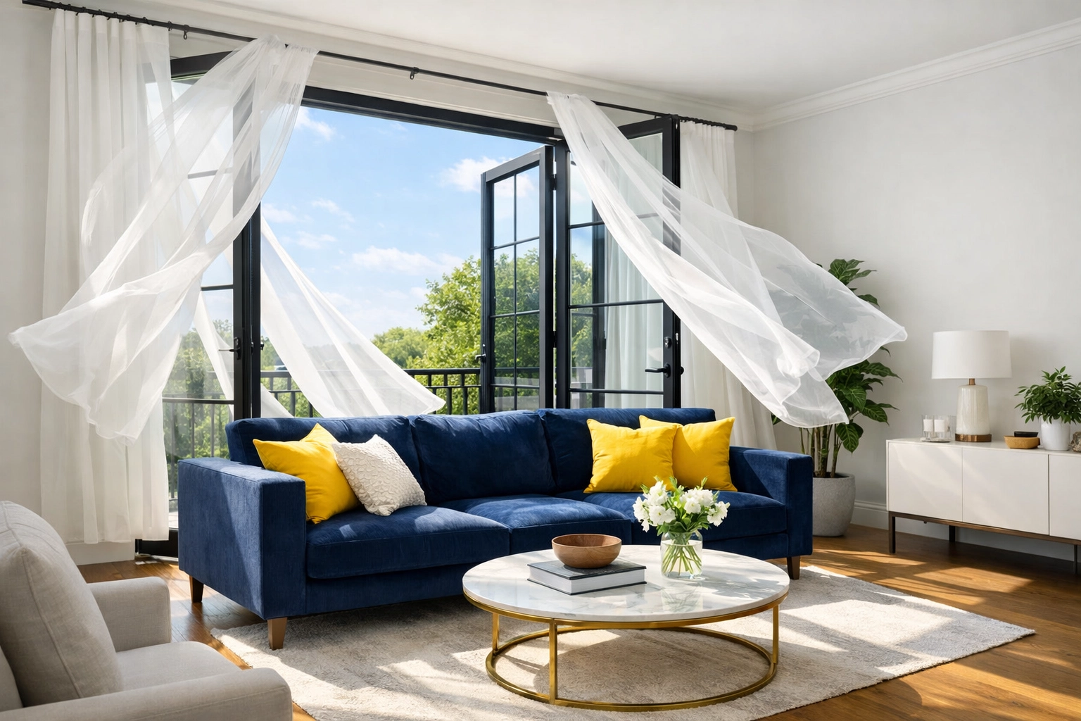 Modern living room with open windows to increase ventilation and improve indoor air quality.