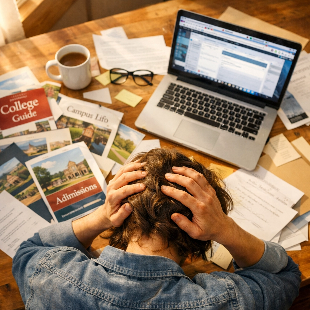 Ouder met keuzestress bij schoolkeuze, omringd door folders en laptop met schoolinformatie