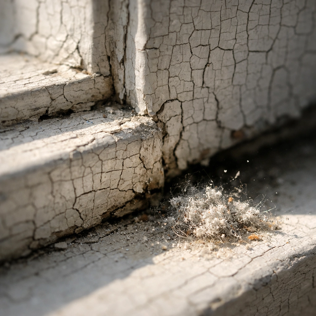 Macro view of lead paint cracks and dust particles on a windowsill, highlighting environmental lead hazards.