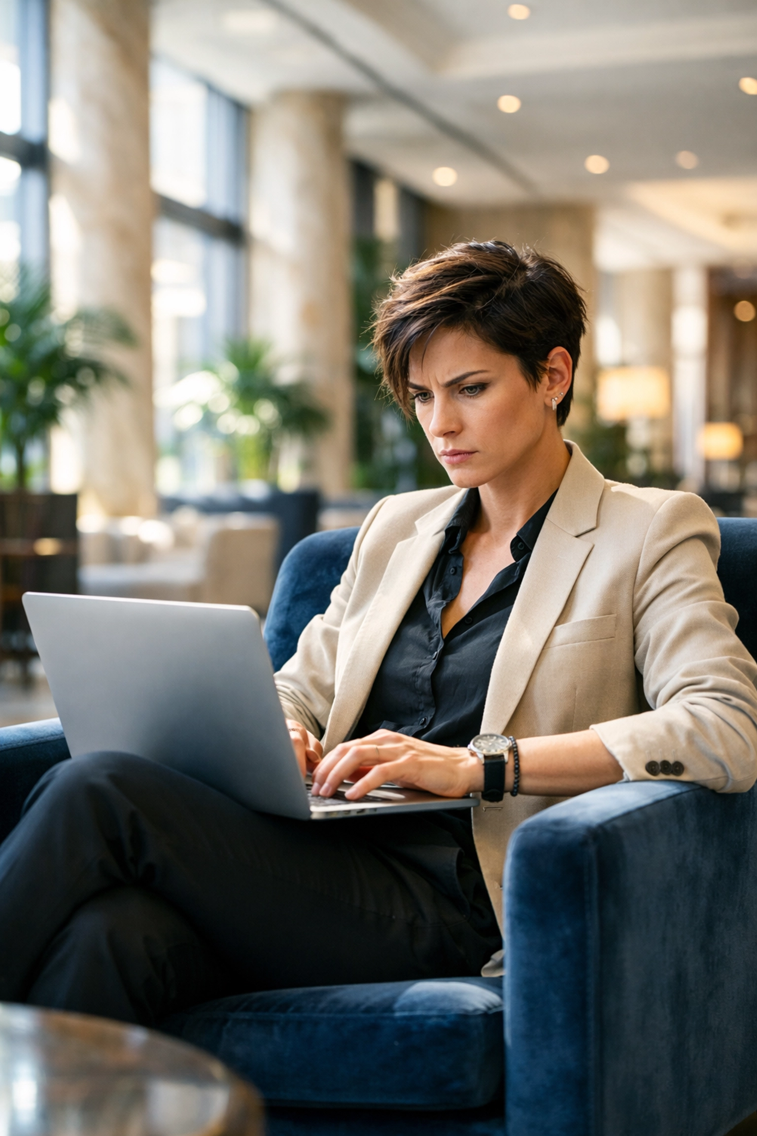 Professional using a laptop in a hotel lobby, representing risks of unsecured guest Wi-Fi networks.
