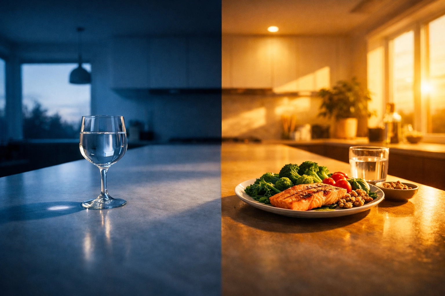 A visual representation of the fasting and feasting cycle showing a balance between hydration and nutrient-dense meals.