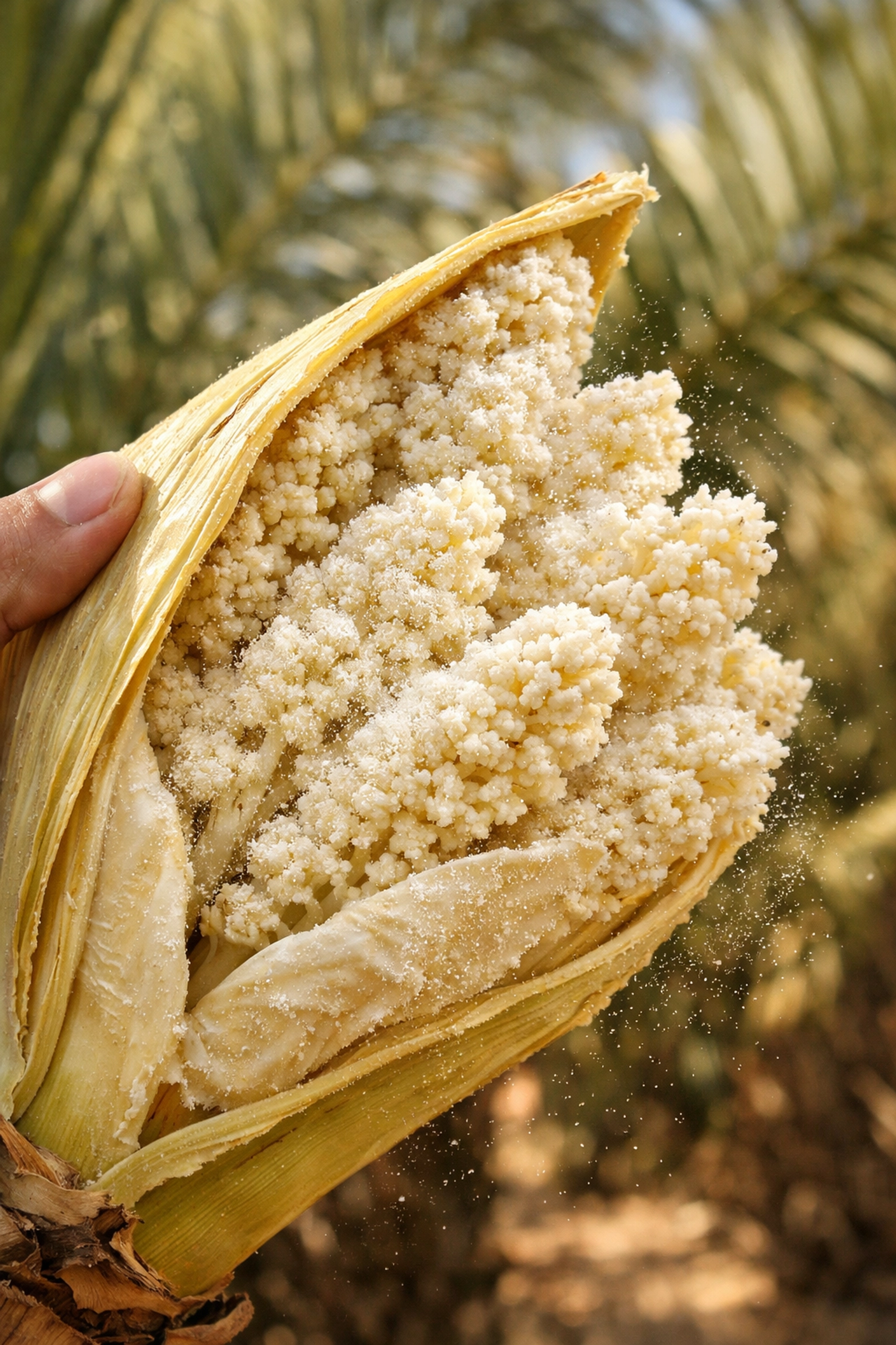 لقطة مقربة لطلع النخيل الطبيعي الخام المستخرج من واحات المغرب لتعزيز الصحة