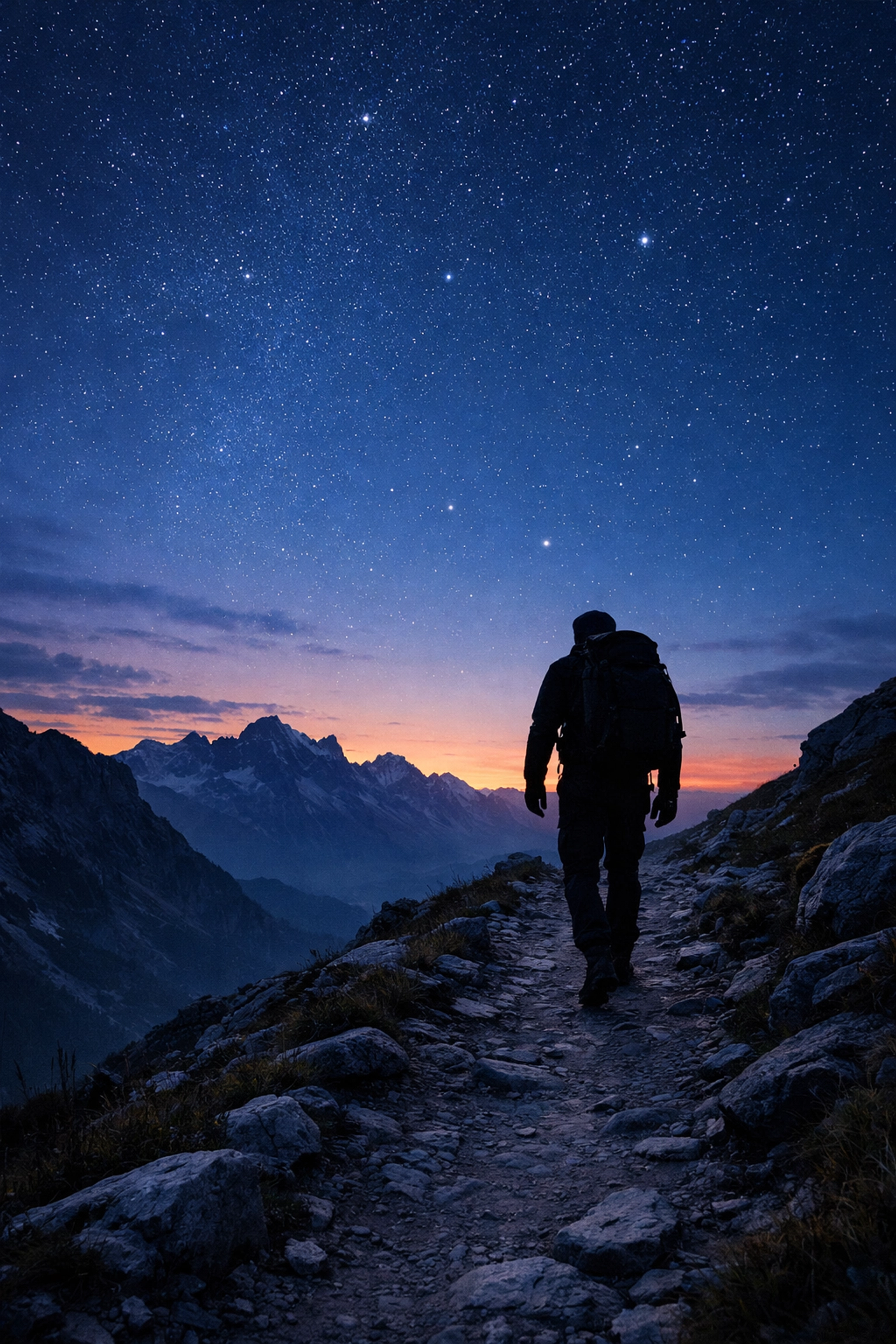 Endurance training for longevity showing a person rucking on a mountain trail at twilight.