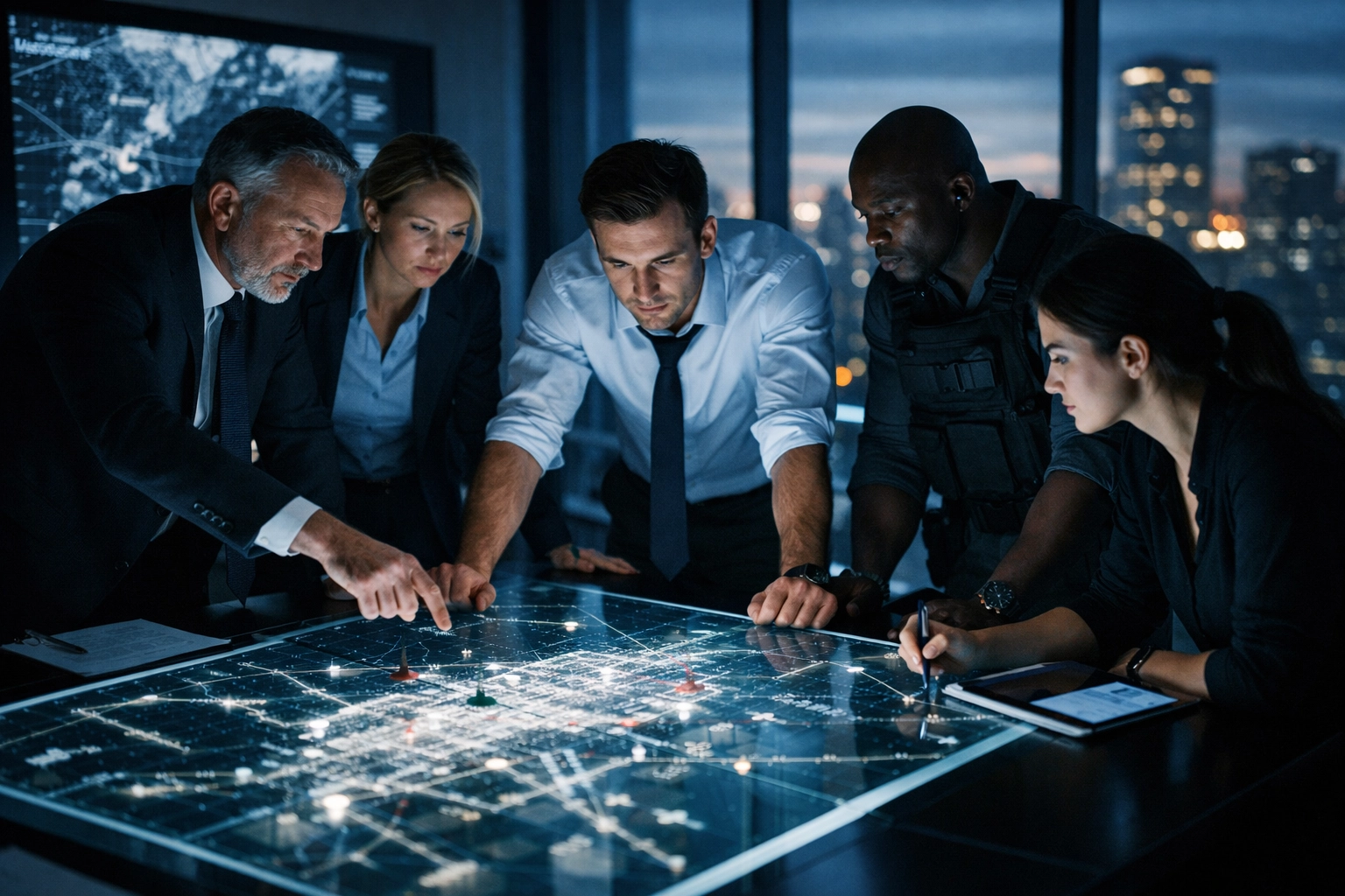 Crisis management team planning organizational resilience strategies around a digital tabletop map.