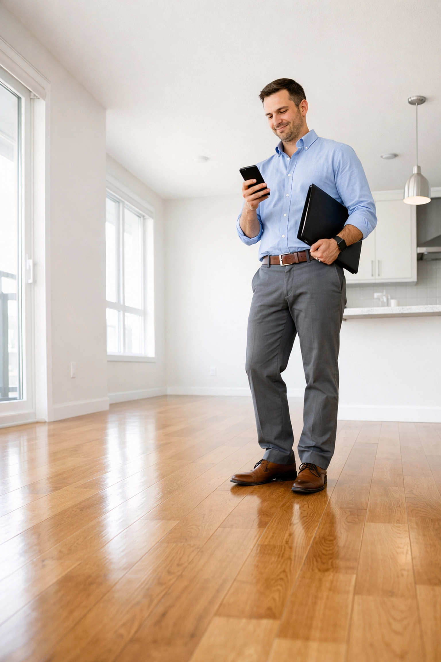 Property manager inspecting rent-ready apartment unit with smartphone after successful turnover