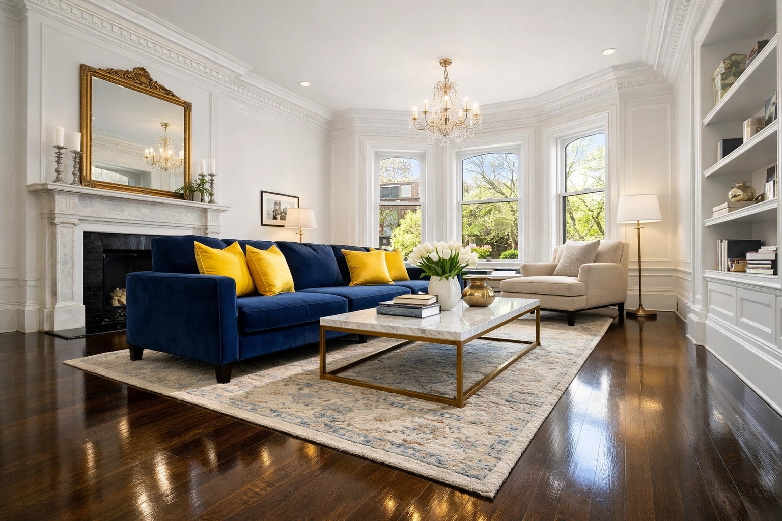 Pristine living room in a historic Massachusetts home showcasing luxury house cleaning MA.