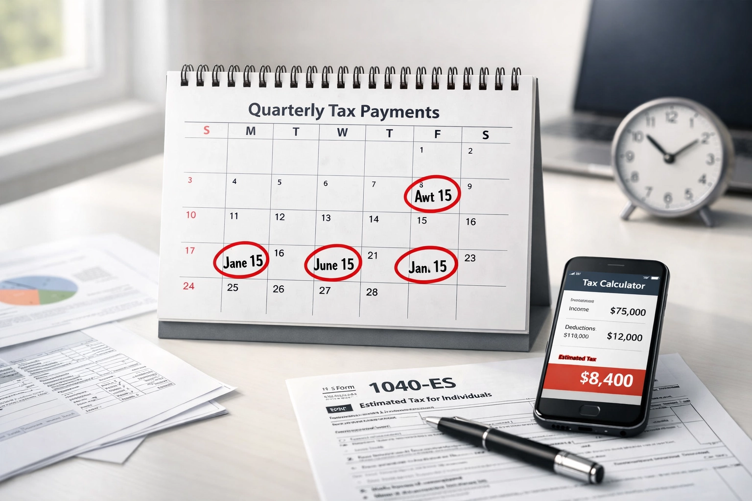 Quarterly estimated tax payment calendar with IRS Form 1040-ES and tax deadline reminders