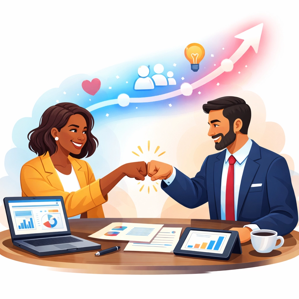 Diverse business professionals celebrating a partnership next to a rising growth curve for capital success.