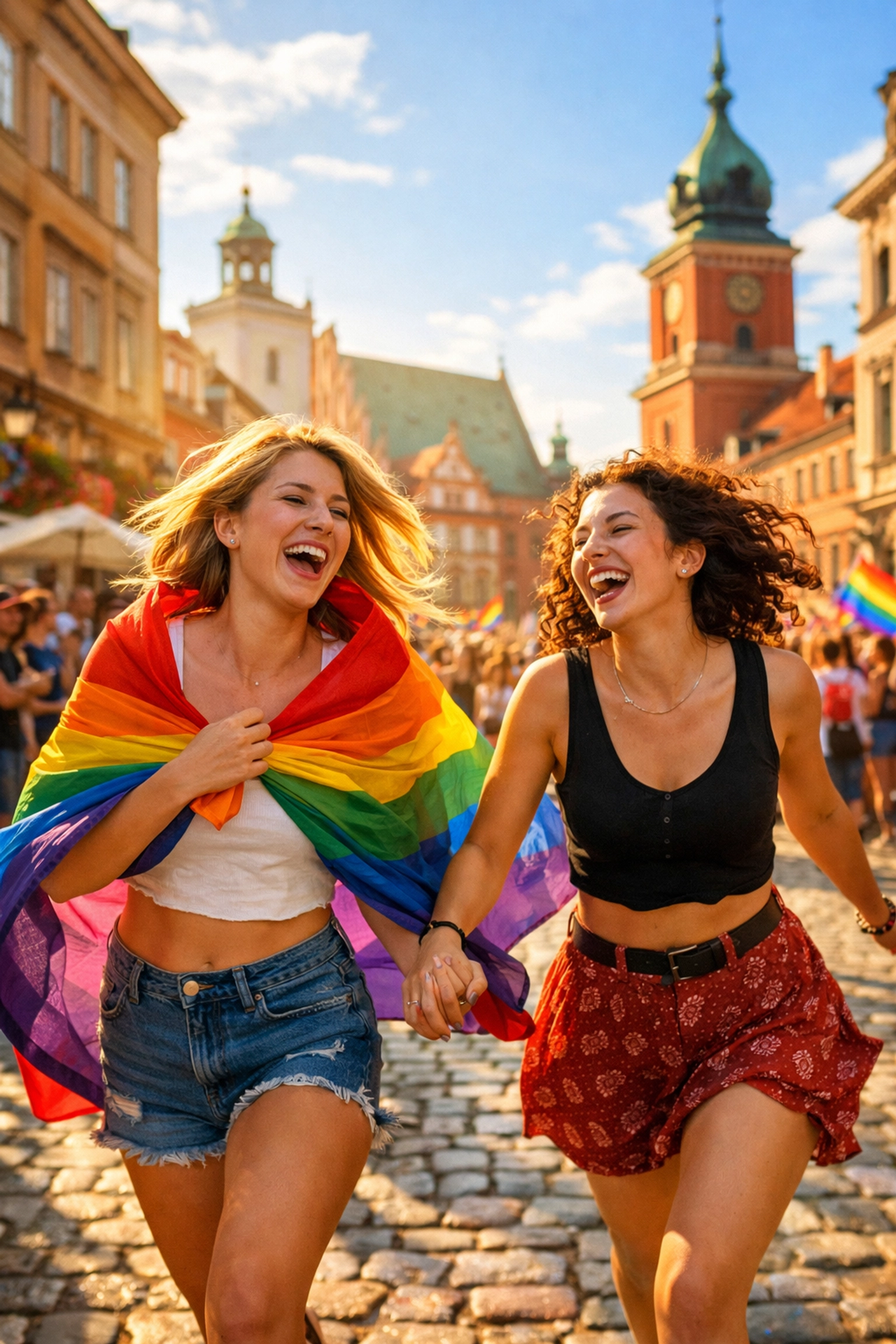 Two women celebrating Pride on a Polish street, representing the vibrant future of queer fiction and identity.