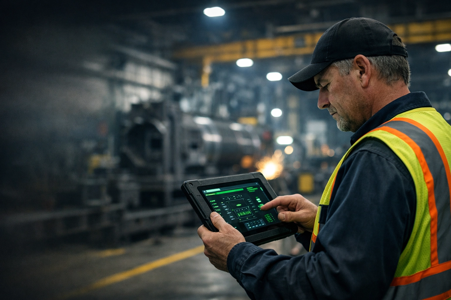 Manufacturing supervisor in Lincoln, Nebraska using a tablet for proactive industrial IT operations and uptime.