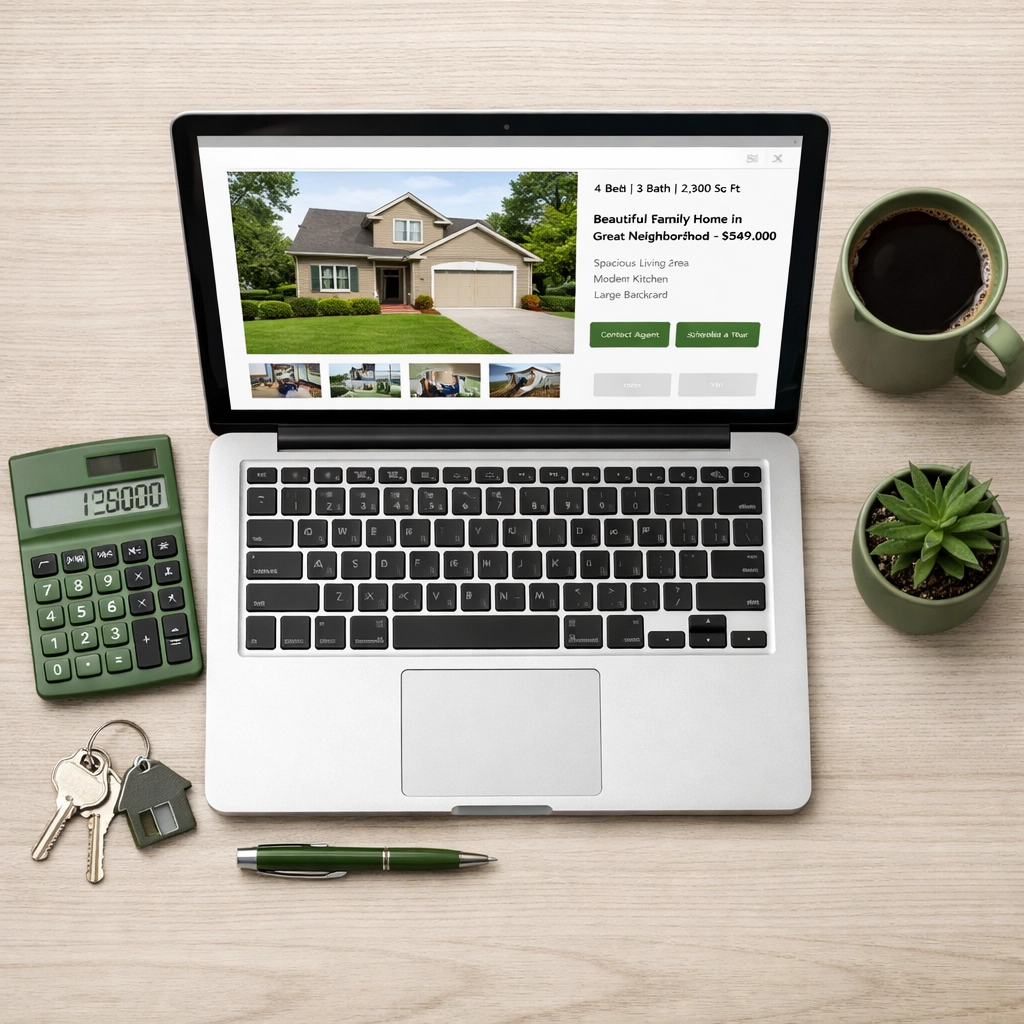 Home search workspace with real estate listings and keys for Chicago suburbs buyers