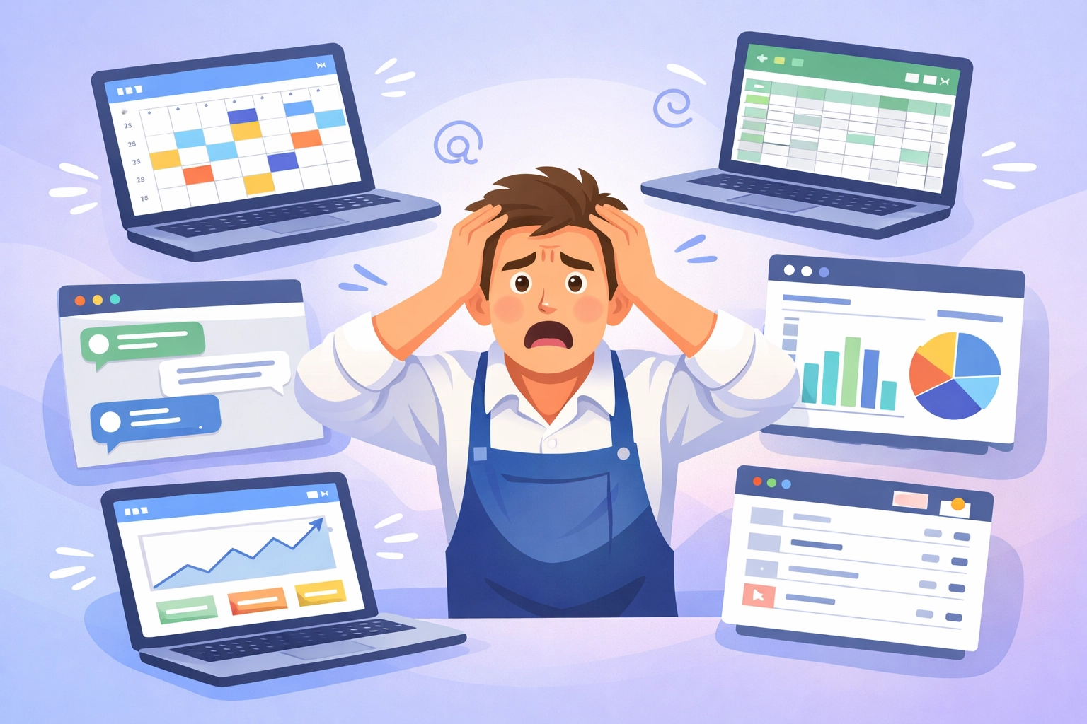 Frustrated business owner overwhelmed by multiple scattered tools and disconnected software systems