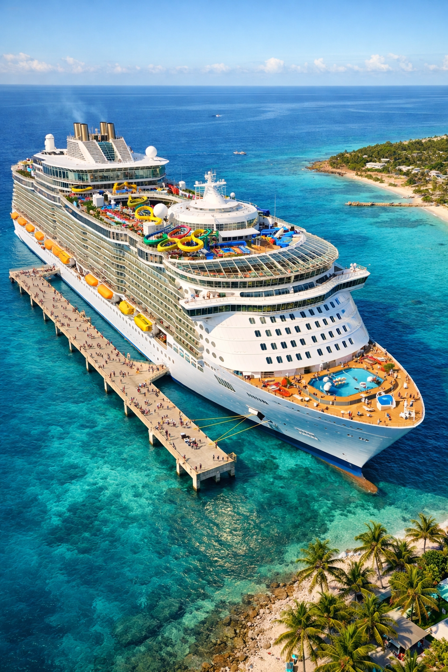 A massive multi-decked mega cruise ship docked at a tropical pier, showcasing modern ship size and amenities.