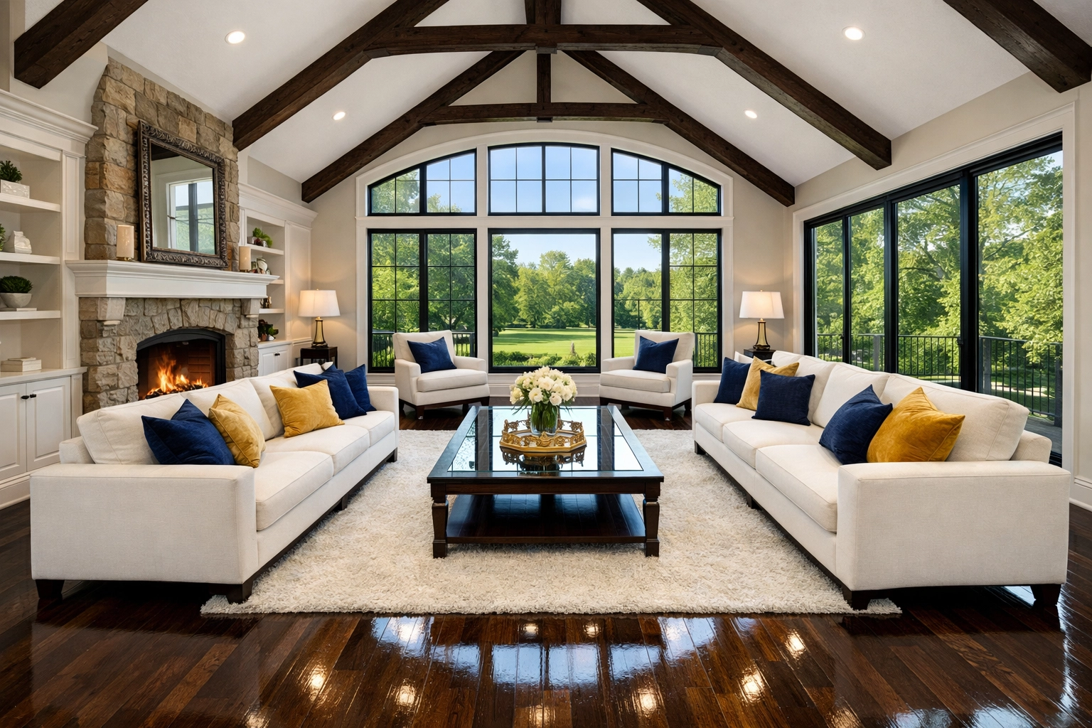 Spotless luxury living room in Sherborn featuring polished hardwood floors and professional detailing.