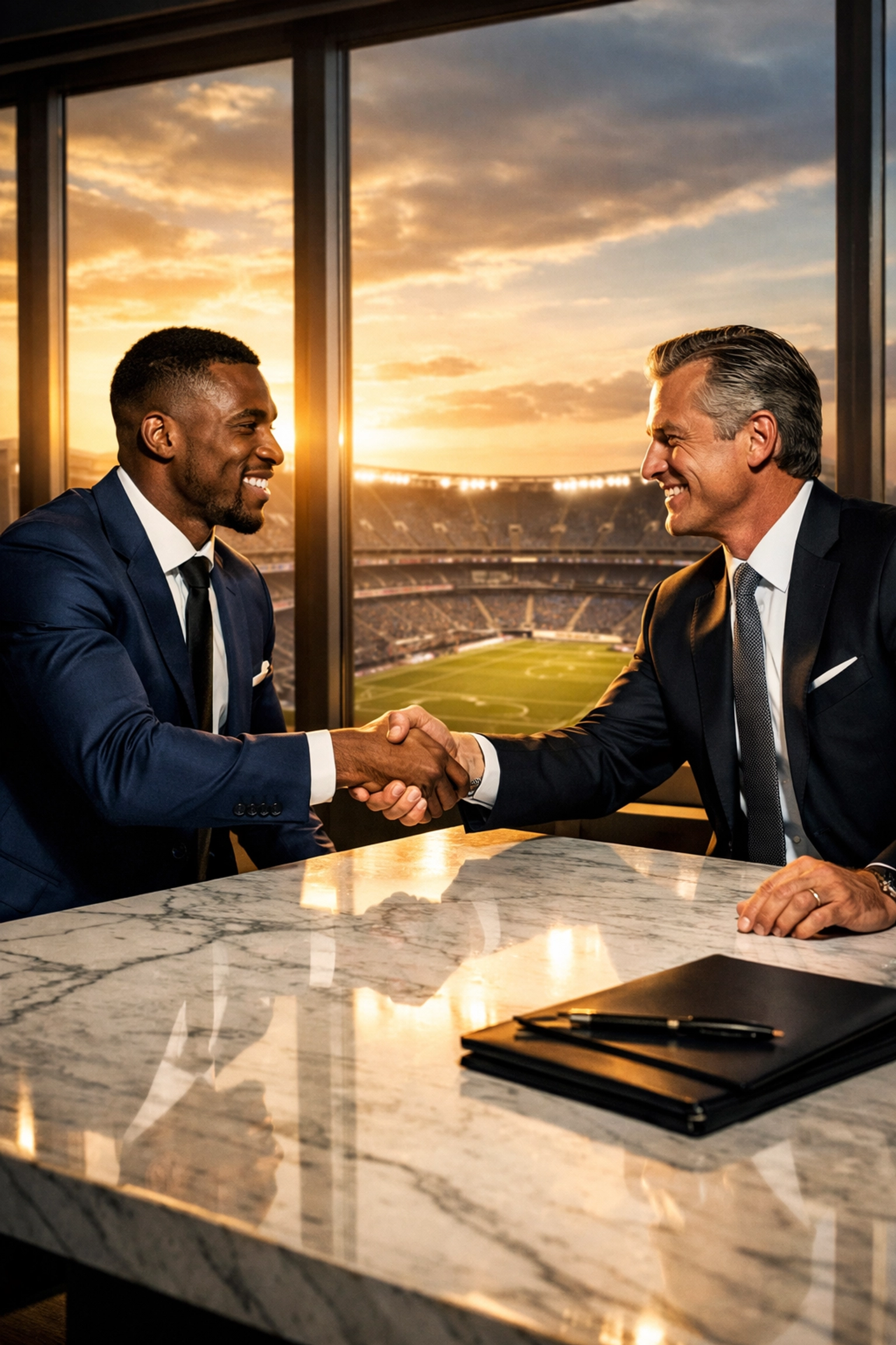 A professional athlete and business executive shaking hands, symbolizing a successful NIL marketing partnership.