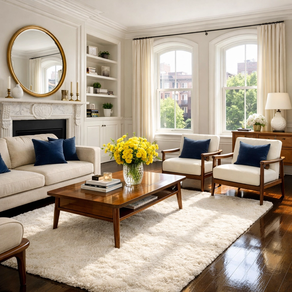 A spotless living room showing the stress-free results of weekly house cleaning MA.