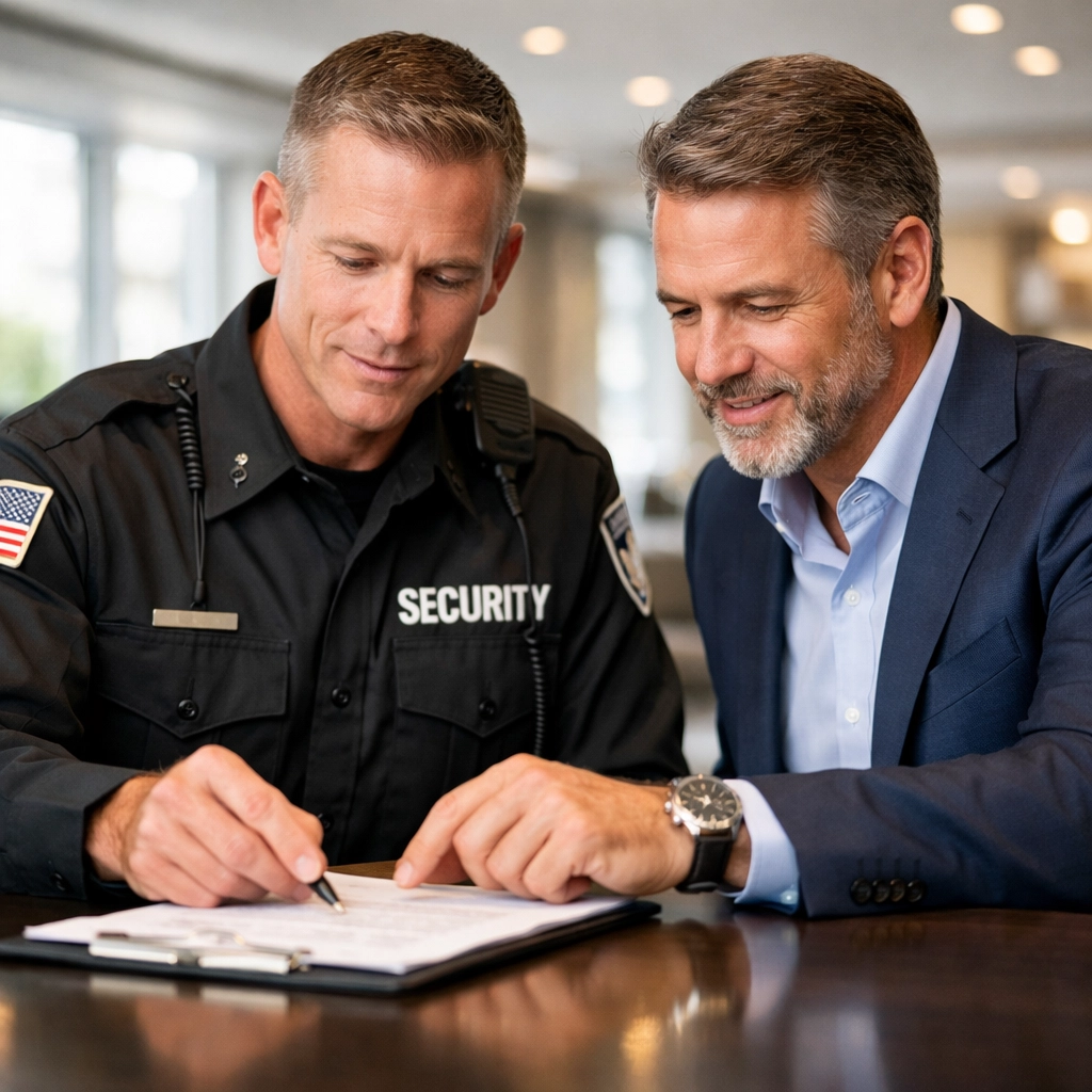 KGFM Ltd security expert and business owner reviewing professional safety compliance documents together.